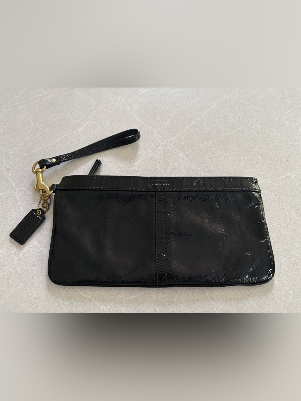 Coach Vintage Black Patent Leather Large Wristlet Gold Hardware Clutch Bag